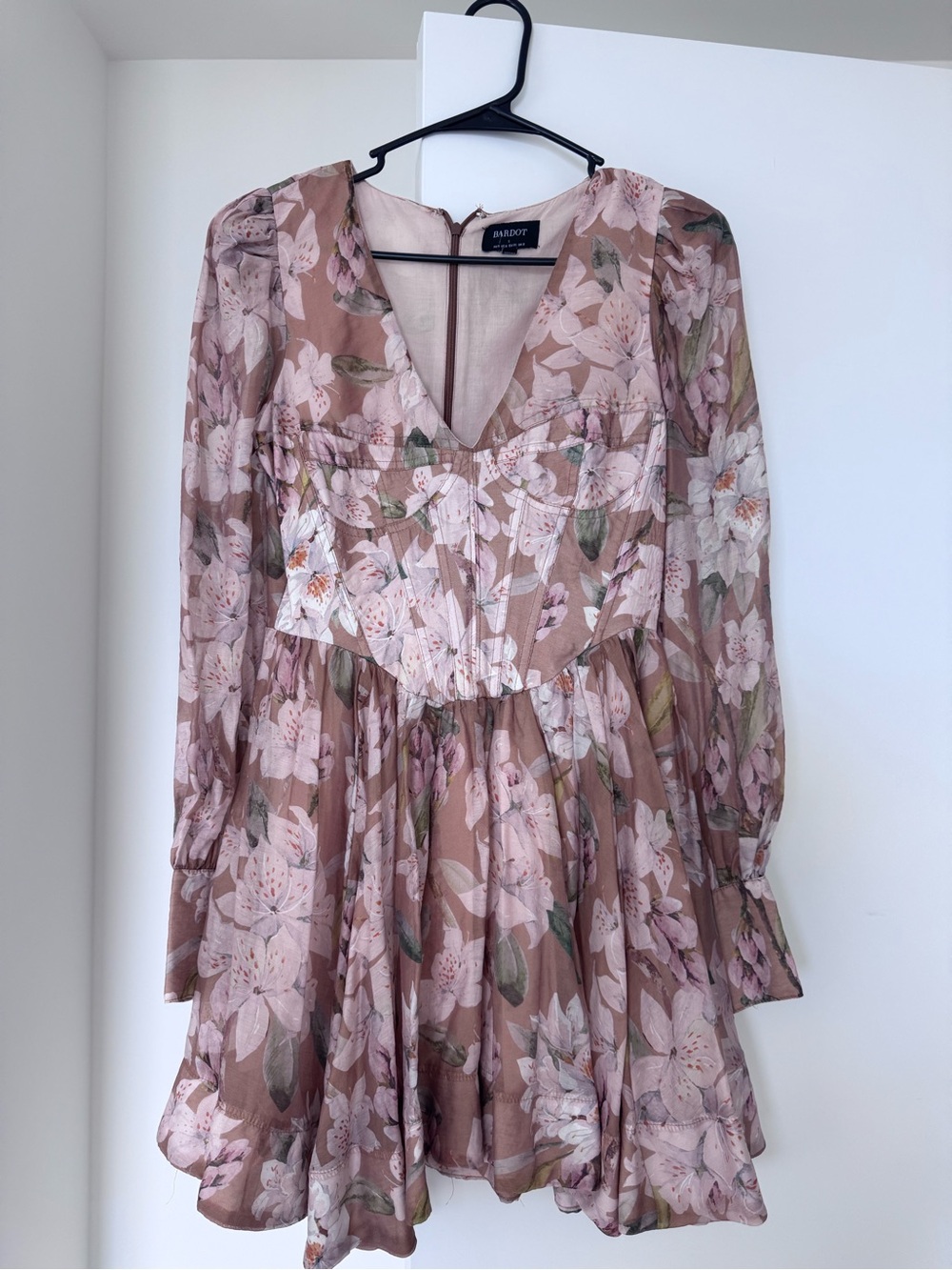 Bardot Brown and Pink Floral V-Neck Long Sleeve Dress size small